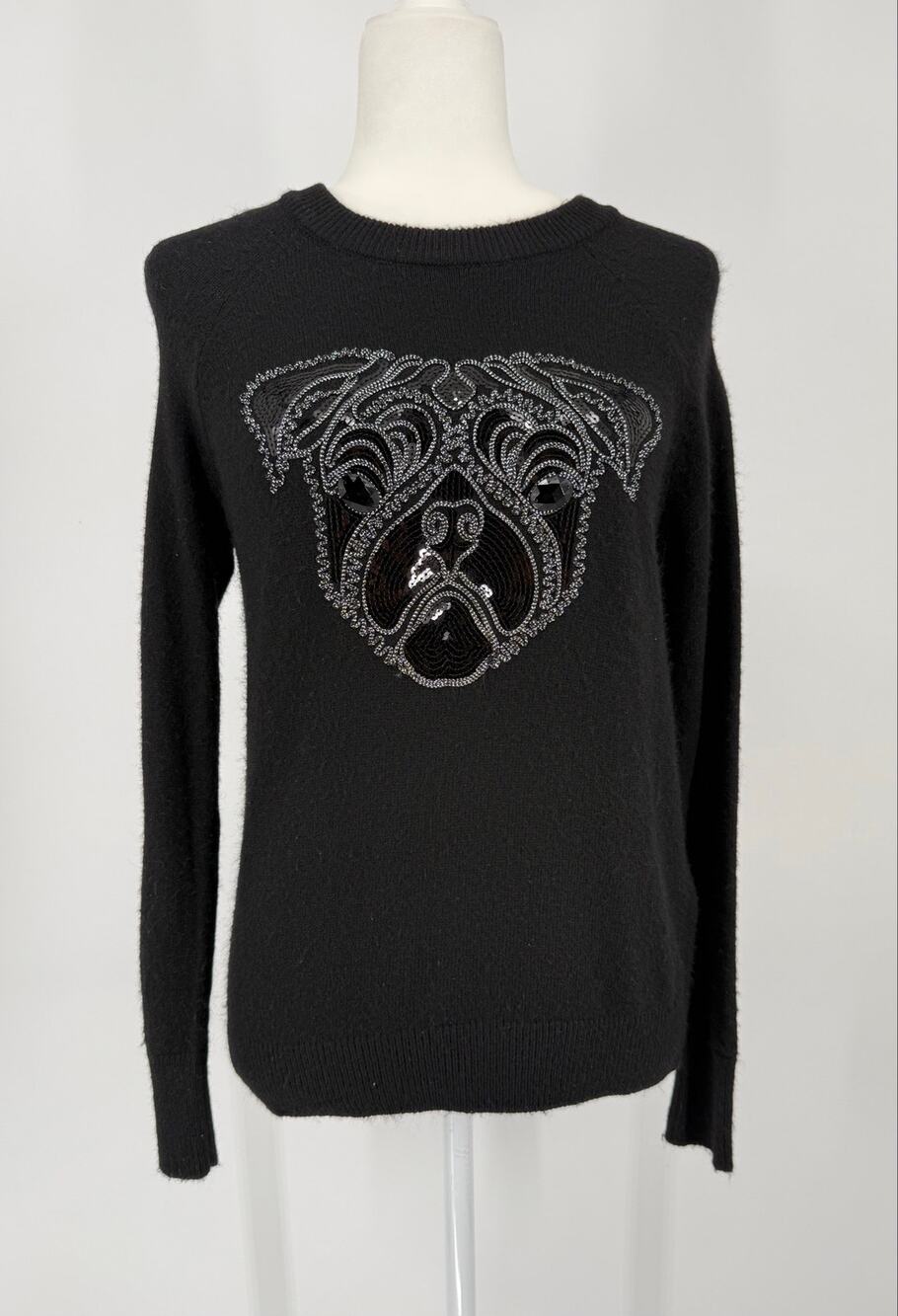 H&M Black Pug Dog Sequin Embroidered Crewneck Sweater XS